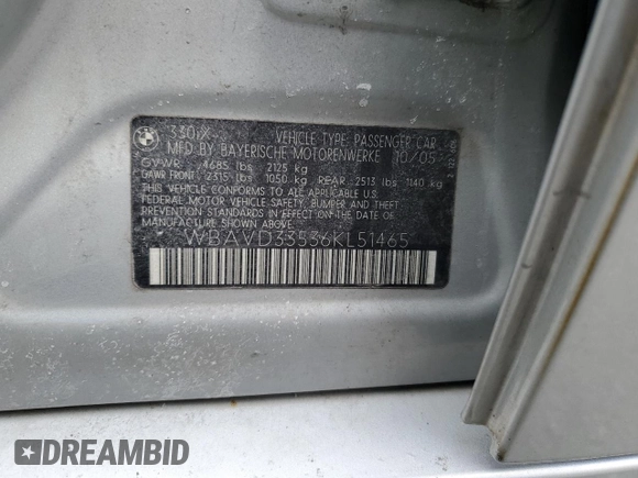 2006 BMW 3 Series 330xi with VIN WBAVD33536KL51465, listed as a Copart auction lot 45988345 with 178,874 mi miles and Salvage Title. Bid and sale history available at carsss.com. Image 12.