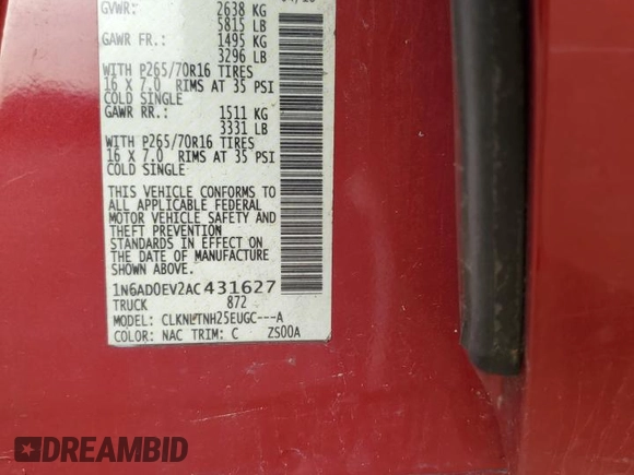 2010 Nissan Frontier SE with VIN 1N6AD0EV2AC431627, listed as a Copart auction lot 50689165 with 218,964 mi miles and Non repairable. Bid and sale history available at DreamBid. Image 12.