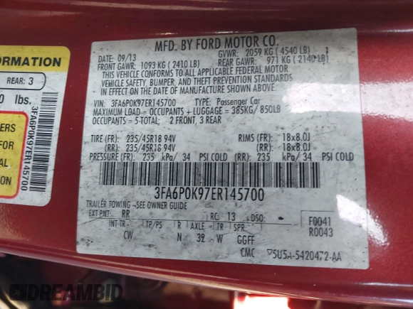 2014 Ford Fusion Titanium with VIN 3FA6P0K97ER145700, listed as a IAAI auction lot 42056362 with 122,000 mi miles. Bid and sale history available at carsss.com. Image 9.