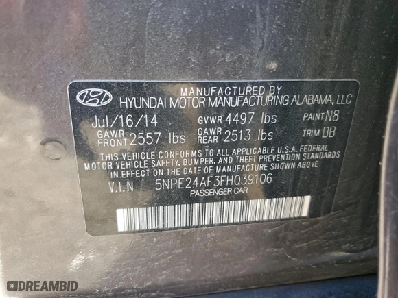 2015 Hyundai Sonata 2.4L SE with VIN 5NPE24AF3FH039106, listed as a Copart auction lot 47027725 with 122,839 mi miles and Salvage Title. Bid and sale history available at carsss.com. Image 12.