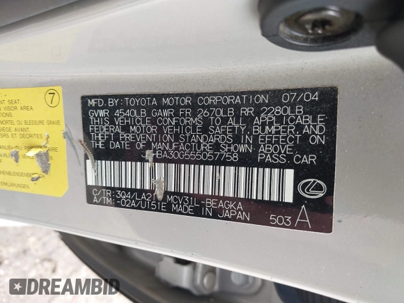 2005 Lexus ES 350 z VIN JTHBA30G555057758, wystawiony jako IAAI lot #42387540 z przebiegiem 280 048 mil mil oraz . Historia ofert i sprzedaży dostępna na DreamBid. Obrazek 9.