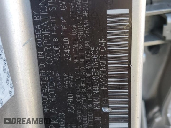 2014 Kia Cadenza Premium with VIN KNALN4D78E5139605, listed as a Copart auction lot 45453455 with 130,764 mi miles and Salvage Title. Bid and sale history available at carsss.com. Image 12.