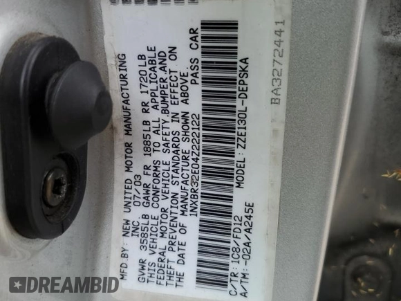 2004 Toyota Corolla CE with VIN 1NXBR32E04Z222122, listed as a Copart auction lot 54275545 with 243,325 mi miles and Clean Title. Bid and sale history available at DreamBid. Image 12.