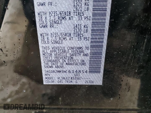 2017 Nissan Pathfinder SV with VIN 5N1DR2MM3HC614854, listed as a Copart auction lot 44518815 with 132,454 mi miles and Salvage title. Bid and sale history available at DreamBid. Image 14.