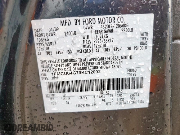 2009 Ford Escape Limited with VIN 1FMCU04G79KC12092, listed as a Copart auction lot 55946685 with 188,959 mi miles and Salvage title. Bid and sale history available at DreamBid. Image 12.