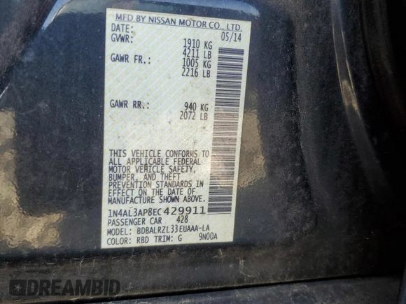 2014 Nissan Altima S with VIN 1N4AL3AP8EC429911, listed as a Copart auction lot 56033295 with 164,215 mi miles and Clean Title. Bid and sale history available at DreamBid. Image 12.