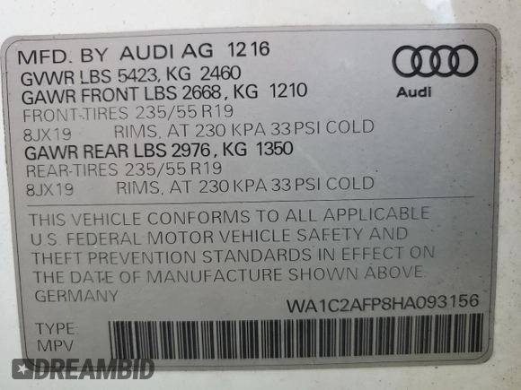 2017 Audi Q5 Premium with VIN WA1C2AFP8HA093156, listed as a Copart auction lot 63596285 with 176,693 mi miles and Clean title. Bid and sale history available at DreamBid. Image 13.