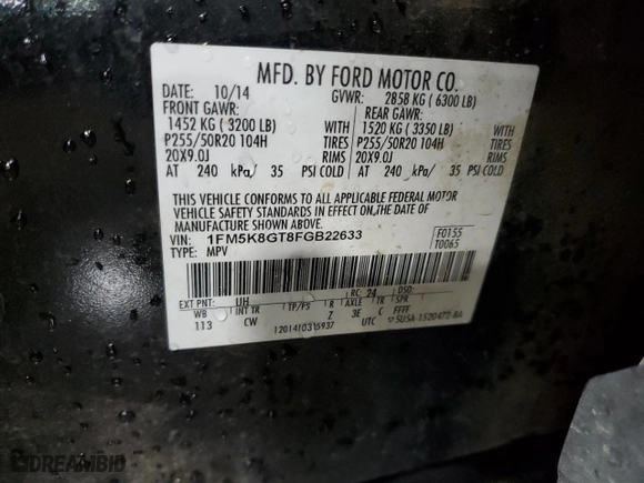 2015 Ford Explorer Sport with VIN 1FM5K8GT8FGB22633, listed as a Copart auction lot 60261644 with 107,797 mi miles and Non Repairable. Bid and sale history available at carsss.com. Image 12.