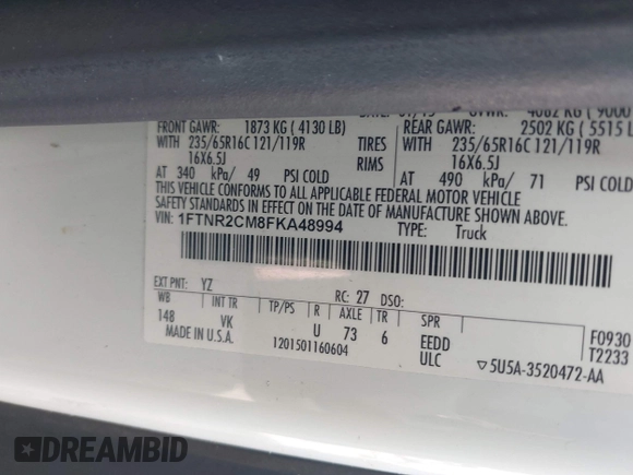 2015 Ford Transit Cargo z VIN 1FTNR2CM8FKA48994, wystawiony jako IAAI lot #42530112 z przebiegiem 207 506 mil mil oraz . Historia ofert i sprzedaży dostępna na DreamBid. Obrazek 9.
