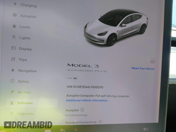 2020 Tesla Model 3 Standard Range Plus with VIN 5YJ3E1EA4LF805205, listed as a IAAI auction lot 41850744 with Not Provided miles. Bid and sale history available at carsss.com. Image 7.