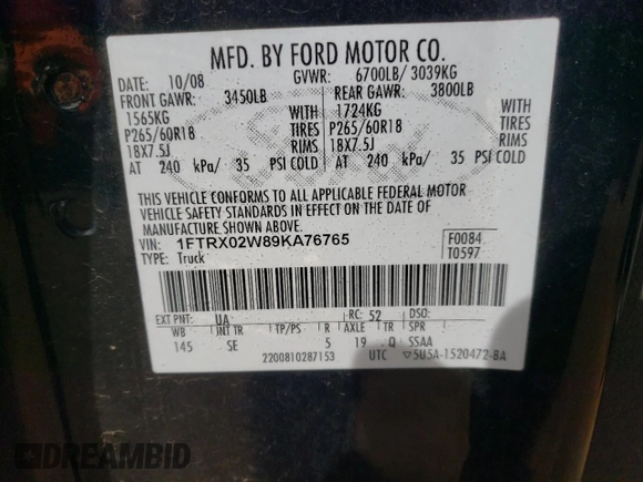 2009 Ford F-150 STX with VIN 1FTRX02W89KA76765, listed as a Copart auction lot 86689504 with 383,653 mi miles and Salvage Title. Bid and sale history available at carsss.com. Image 12.