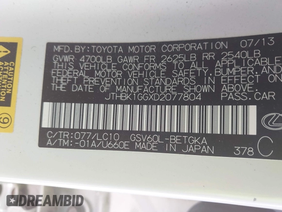 2013 Lexus ES 4dr Sdn with VIN JTHBK1GGXD2077804, listed as a IAAI auction lot 41748571 with 88,000 mi miles. Bid and sale history available at carsss.com. Image 9.