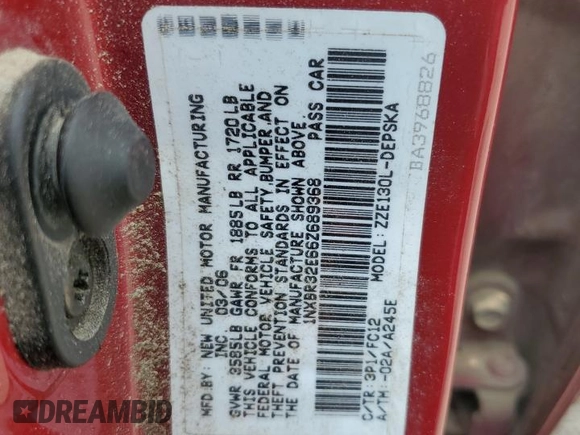 2006 Toyota Corolla CE with VIN 1NXBR32E66Z689368, listed as a Copart auction lot 59192425 with 252,528 mi miles and Salvage title. Bid and sale history available at DreamBid. Image 12.
