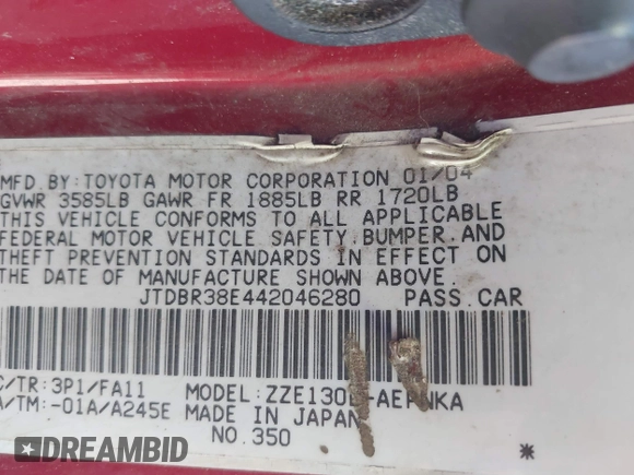 2004 Toyota Corolla CE with VIN JTDBR38E442046280, listed as a IAAI auction lot 39261107 with 212,717 mi miles and . Bid and sale history available at DreamBid. Image 9.