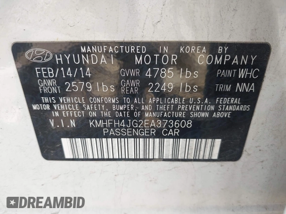 2014 Hyundai Azera Limited z VIN KMHFH4JG2EA373608, wystawiony jako IAAI lot #42125063 z przebiegiem 121 111 mil mil oraz . Historia ofert i sprzedaży dostępna na DreamBid. Obrazek 9.