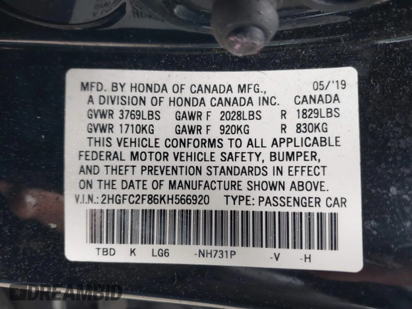 2019 Honda Civic Sport with VIN 2HGFC2F86KH566920, listed as a IAAI auction lot 41838032 with 58,917 mi miles and . Bid and sale history available at DreamBid. Image 9.