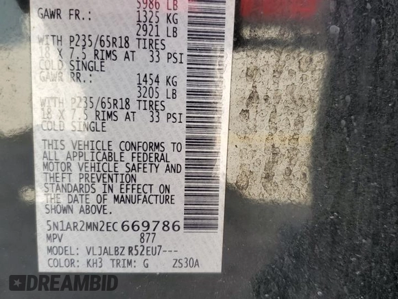 2014 Nissan Pathfinder SV with VIN 5N1AR2MN2EC669786, listed as a Copart auction lot 45942075 with 192,357 mi miles and Salvage Title. Bid and sale history available at carsss.com. Image 13.