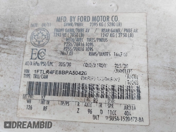 2011 Ford Ranger XLT with VIN 1FTLR4FE8BPA50426, listed as a IAAI auction lot 42796769 with 188,810 mi miles and . Bid and sale history available at DreamBid. Image 9.