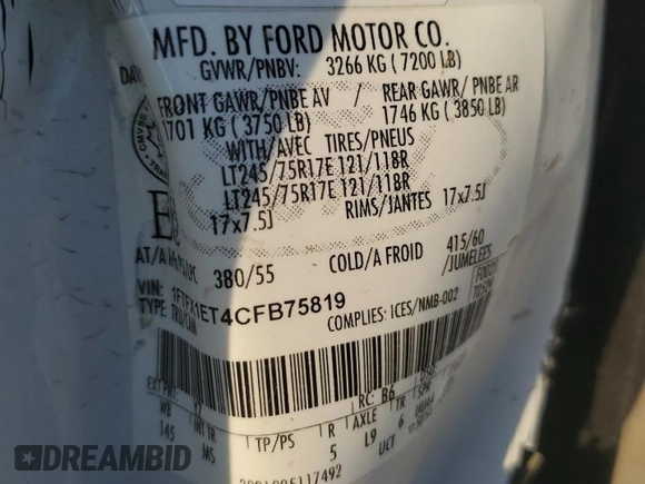 2012 Ford F-150 XL with VIN 1FTFX1ET4CFB75819, listed as a Copart auction lot 47491405 with 122,955 mi miles and Salvage Title. Bid and sale history available at carsss.com. Image 12.