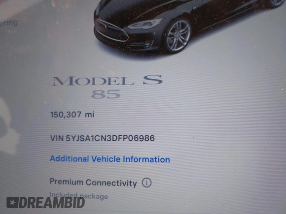 2013 Tesla Model S with VIN 5YJSA1CN3DFP06986, listed as a IAAI auction lot 41271801 with 150,307 mi miles and . Bid and sale history available at DreamBid. Image 7.