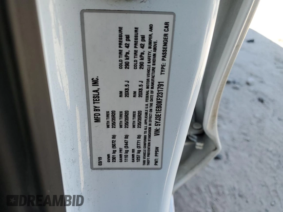 2019 Tesla Model 3 Long Range with VIN 5YJ3E1EB0KF231791, listed as a Copart auction lot 53466855 with Not Provided miles and Salvage Title. Bid and sale history available at DreamBid. Image 12.