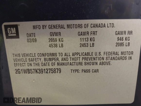 2009 Chevrolet Impala LS with VIN 2G1WB57K391275879, listed as a IAAI auction lot 41816069 with Not Provided miles and . Bid and sale history available at DreamBid. Image 9.
