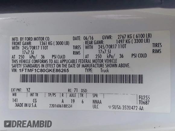 2016 Ford F-150 XL with VIN 1FTMF1C80GKE86265, listed as a IAAI auction lot 41831317 with 181,355 mi miles and . Bid and sale history available at DreamBid. Image 9.