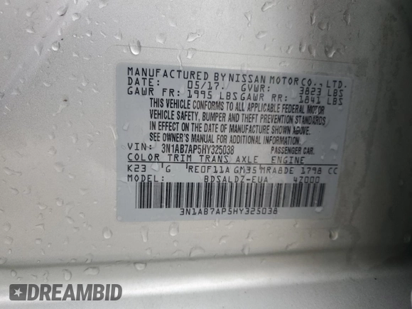 2017 Nissan Sentra S with VIN 3N1AB7AP5HY325038, listed as a Copart auction lot 58918975 with 164,232 mi miles and Salvage title. Bid and sale history available at DreamBid. Image 13.
