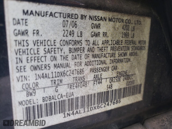 2006 Nissan Altima 2.5 S with VIN 1N4AL11DX6C247686, listed as a Copart auction lot 51595245 with 172,154 mi miles and Salvage Title. Bid and sale history available at carsss.com. Image 12.