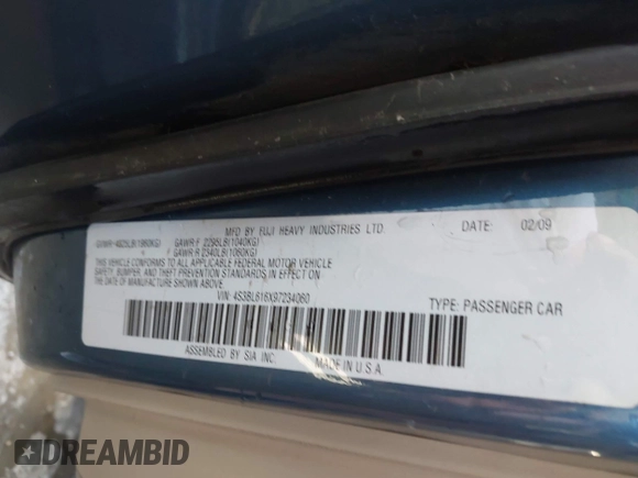 2009 Subaru Legacy Special with VIN 4S3BL616X97234060, listed as a IAAI auction lot 42544584 with Not provided miles and . Bid and sale history available at DreamBid. Image 9.