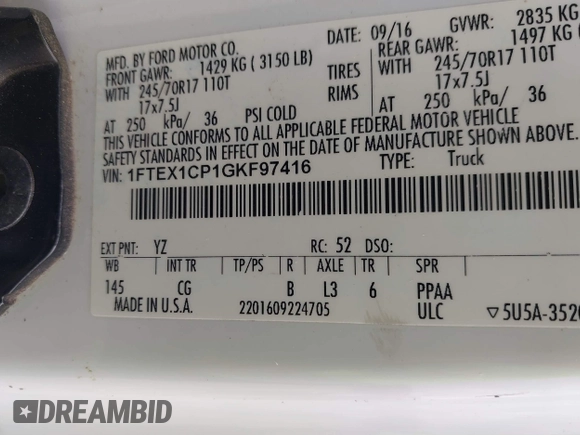 2016 Ford F-150 XL with VIN 1FTEX1CP1GKF97416, listed as a IAAI auction lot 42064123 with 189,214 mi miles and . Bid and sale history available at DreamBid. Image 9.