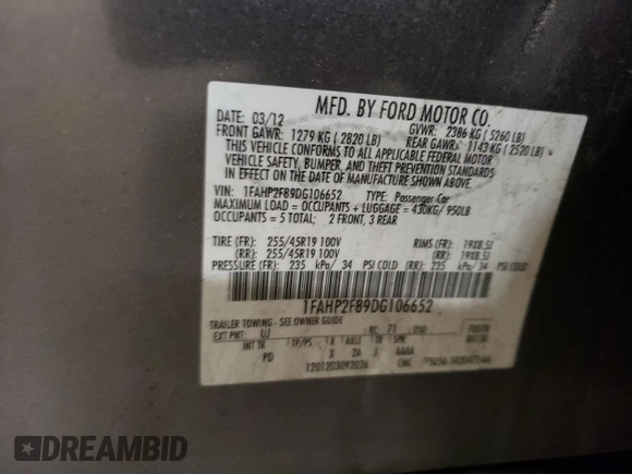 2013 Ford Taurus Limited with VIN 1FAHP2F89DG106652, listed as a Copart auction lot 53548975 with 97,865 mi miles and Salvage Title. Bid and sale history available at carsss.com. Image 12.