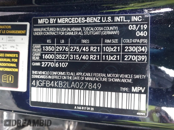 2020 Mercedes-Benz GLE 350 with VIN 4JGFB4KB2LA027849, listed as a IAAI auction lot 42387902 with 46,747 mi miles and . Bid and sale history available at DreamBid. Image 9.