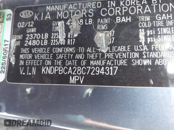 2012 Kia Sportage LX with VIN KNDPBCA28C7294317, listed as a IAAI auction lot 42759427 with 177,538 mi miles and . Bid and sale history available at DreamBid. Image 9.