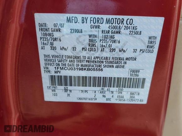 2008 Ford Escape XLT with VIN 1FMCU03198KB05556, listed as a Copart auction lot 42531975 with 105,277 mi miles and Salvage title. Bid and sale history available at DreamBid. Image 13.