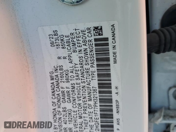 2023 Honda Civic EX z VIN 2HGFE1F77PH321367, wystawiony jako Copart lot #50025835 z przebiegiem 32 137 mil mil oraz Szkoda całkowita • Salvage title. Historia ofert i sprzedaży dostępna na DreamBid. Obrazek 13.