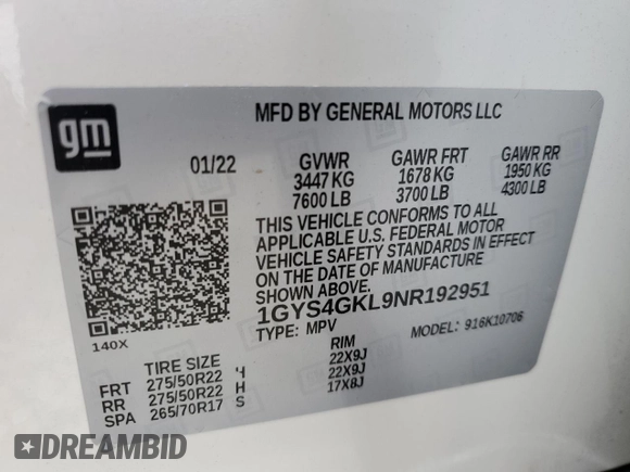 2022 Cadillac Escalade Sport Platinum with VIN 1GYS4GKL9NR192951, listed as a Copart auction lot 58551175 with Not provided miles and Salvage title. Bid and sale history available at DreamBid. Image 12.