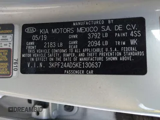 2019 Kia Forte LXS with VIN 3KPF24AD5KE130637, listed as a IAAI auction lot 41814708 with 130,012 mi miles. Bid and sale history available at carsss.com. Image 9.