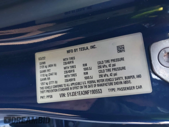 2022 Tesla Model 3 with VIN 5YJ3E1EA3NF190553, listed as a IAAI auction lot 41760731 with 90,268 mi miles. Bid and sale history available at carsss.com. Image 9.