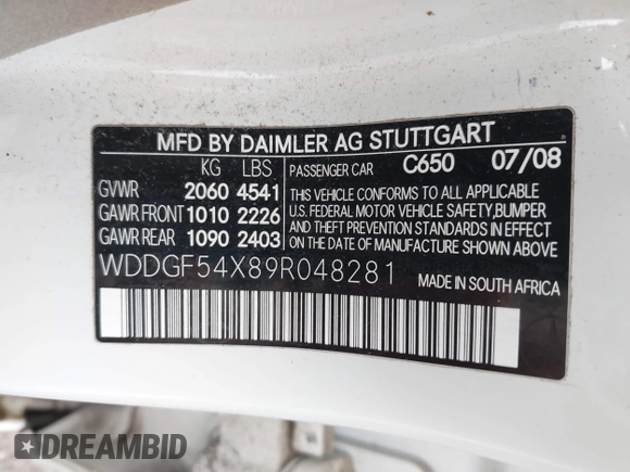2009 Mercedes-Benz C 300 Sport with VIN WDDGF54X89R048281, listed as a IAAI auction lot 42366747 with 233,201 mi miles and . Bid and sale history available at DreamBid. Image 9.