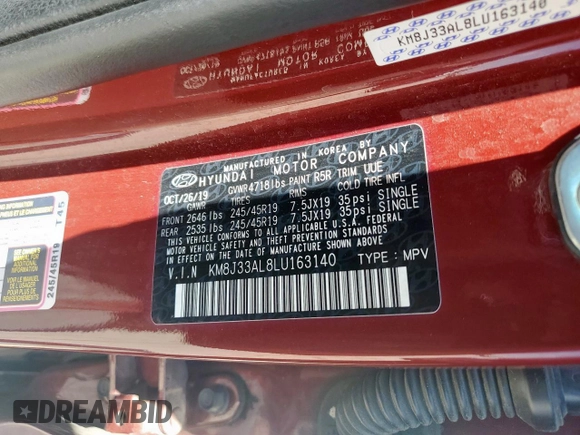 2020 Hyundai Tucson Sport with VIN KM8J33AL8LU163140, listed as a Copart auction lot 54367865 with 135,042 mi miles and Clean title. Bid and sale history available at DreamBid. Image 13.
