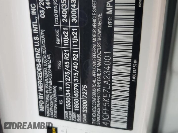 2020 Mercedes-Benz GLS 450 с VIN 4JGFF5KE7LA234001, выставлен на аукционе Copart как лот 60847095 с пробегом 87 292 миль миль и Списание • Salvage title. История ставок и продаж доступна на DreamBid. Изображение 13.