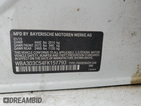 2015 BMW 3 Series 328d with VIN WBA3D3C54FK157793, listed as a Copart auction lot 60105595 with Not provided miles and Clean title. Bid and sale history available at DreamBid. Image 12.