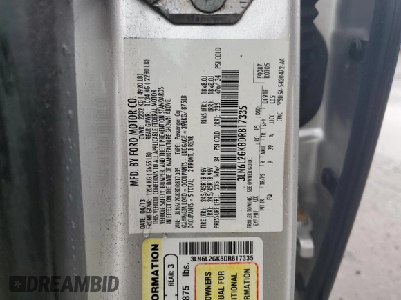 2013 Lincoln MKZ with VIN 3LN6L2GK8DR817335, listed as a Copart auction lot 67194755 with 83,673 mi miles and Clean title. Bid and sale history available at DreamBid. Image 12.