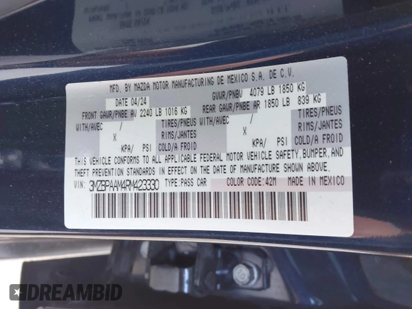 2024 Mazda 3 S with VIN 3MZBPAAM4RM423330, listed as a IAAI auction lot 41582454 with 12,604 mi miles and . Bid and sale history available at DreamBid. Image 9.