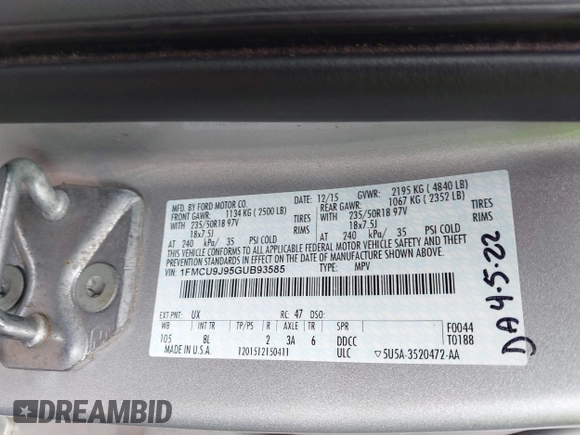 2016 Ford Escape Titanium with VIN 1FMCU9J95GUB93585, listed as a IAAI auction lot 42614106 with 124,465 mi miles and . Bid and sale history available at DreamBid. Image 9.