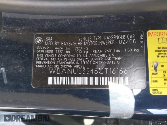 2008 BMW 5 Series 528i with VIN WBANU53548CT16166, listed as a IAAI auction lot 42141558 with Not Provided miles and . Bid and sale history available at carsss.com. Image 9.