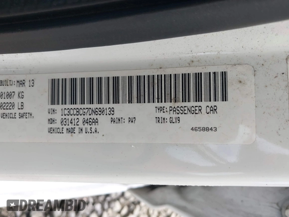 2013 Chrysler 200 Limited with VIN 1C3CCBCG7DN690139, listed as a IAAI auction lot 41744141 with 77,428 mi miles. Bid and sale history available at carsss.com. Image 9.