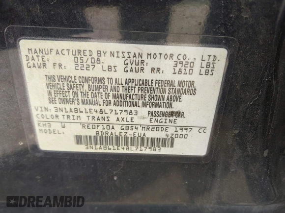 2008 Nissan Sentra S with VIN 3N1AB61E48L717983, listed as a IAAI auction lot 42644759 with 203,654 mi miles and . Bid and sale history available at DreamBid. Image 9.