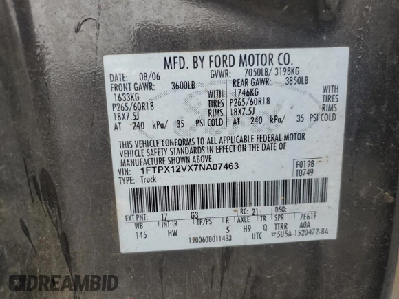 2007 Ford F-150 XL with VIN 1FTPX12VX7NA07463, listed as a Copart auction lot 58837445 with 118,981 mi miles and Salvage title. Bid and sale history available at DreamBid. Image 13.